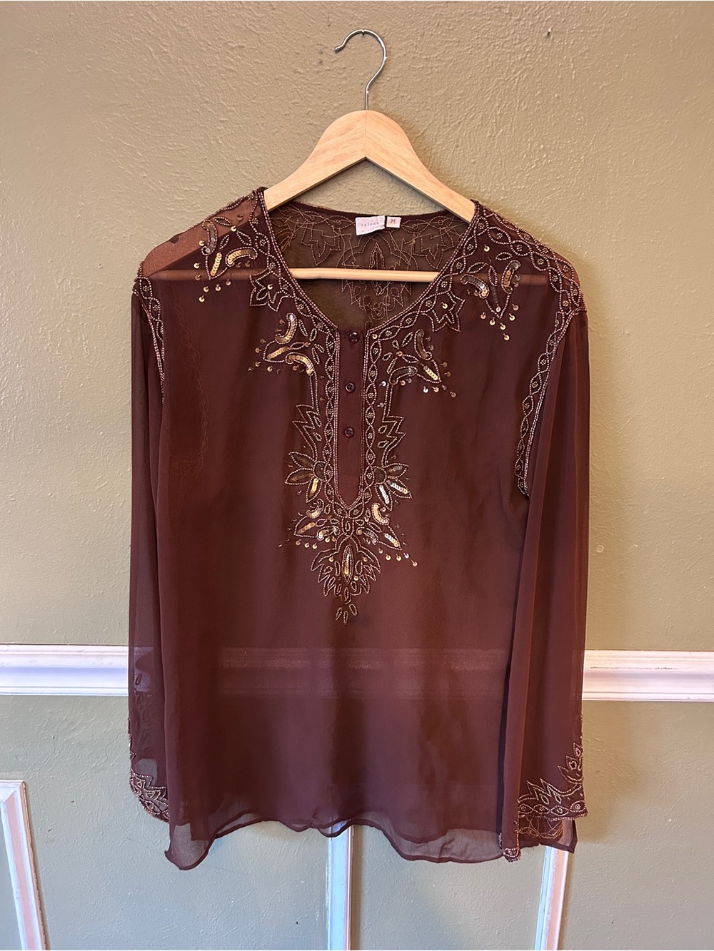 Beaded Brown Fairy Whimsy Witchy Sheer Long-Sleeve Women's Tunic Blouse